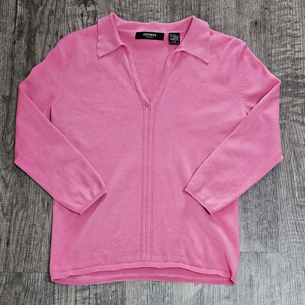 Express Stretch Pink Ribbed V-Neck Sweater - Size Medium - Polo Collar